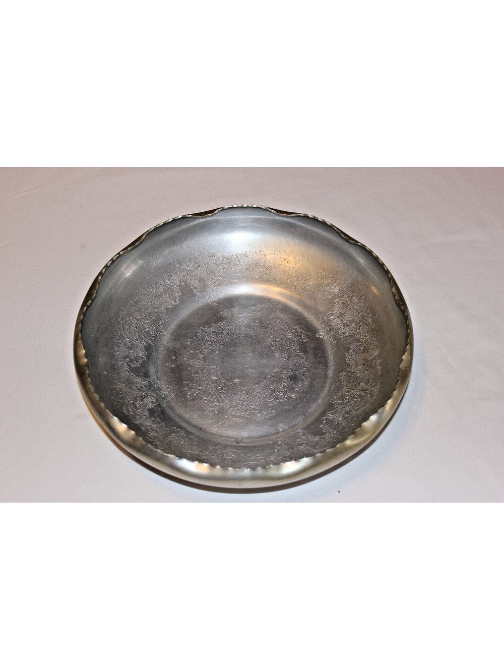 Vintage 12" Aluminum Serving Bowl Embossed Floral Scroll Scalloped Rim